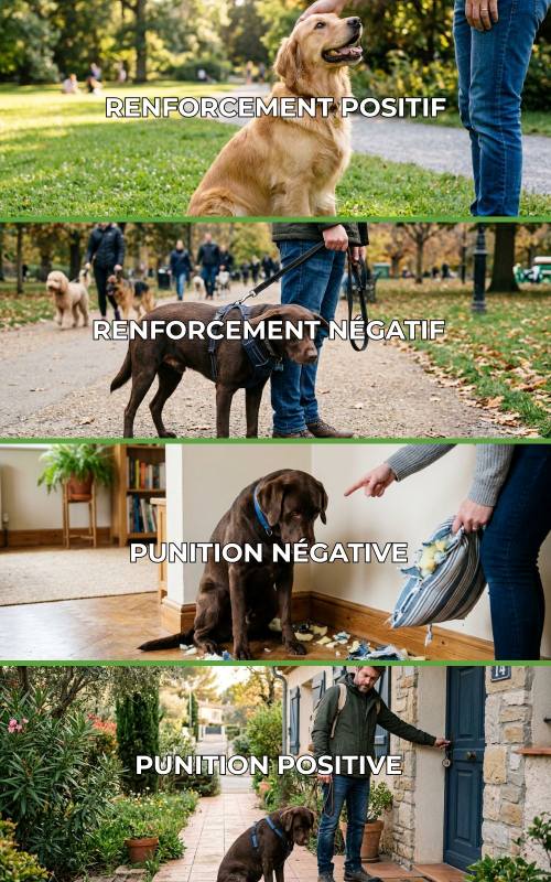 Les 4 mécanismes d’éducation du chien : renforcement positif, renforcement négatif, punition positive et punition négative