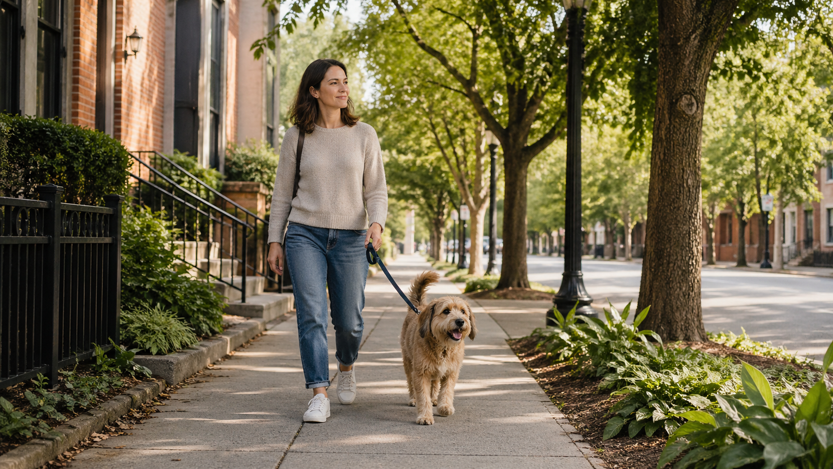 Chien en laisse qui se promène calmement en ville avec sa maîtresse