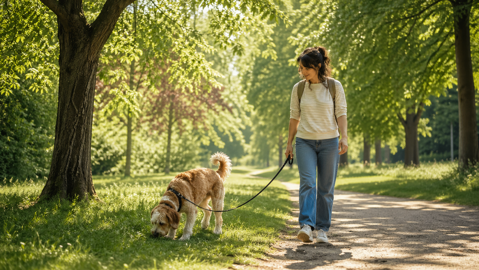 Promenade d’un chien sous la pluie avec une maîtresse équipée d’une veste imperméable