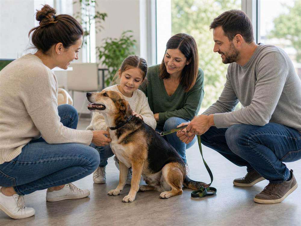 Famille rencontrant un chien dans un refuge avant une adoption