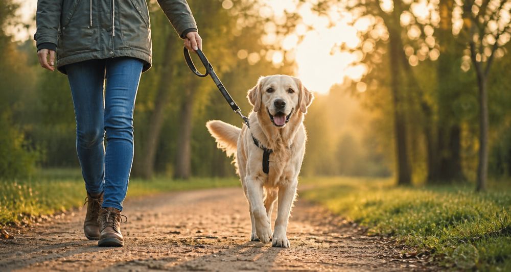 Chien tenu en laisse pendant une promenade